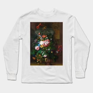 Roses, Convolvulus, Poppies, and Other Flowers in an Urn on a Stone Ledge by Rachel Ruysch (digitally enhanced) Long Sleeve T-Shirt